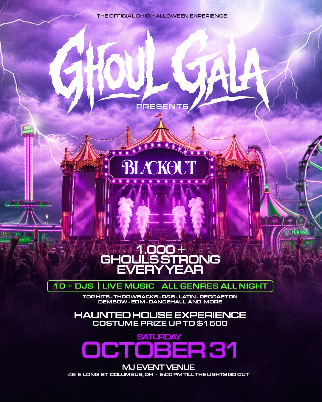 Ghoul Gala presents BLACKOUT flyer, Saturday October 31, MJ Event Venue
